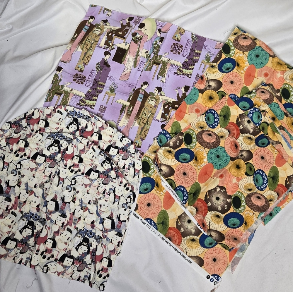 Asian prints Japan geisha cats assorted fabric pieces DIY quilting crafts sewing